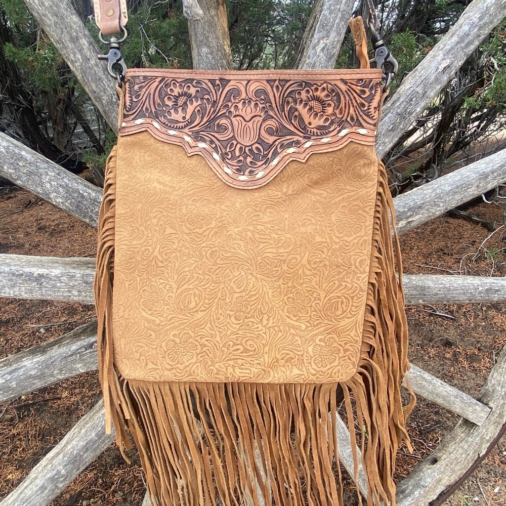 American Darling Brown Shoulder Bag with Fringe and Tooled Leather